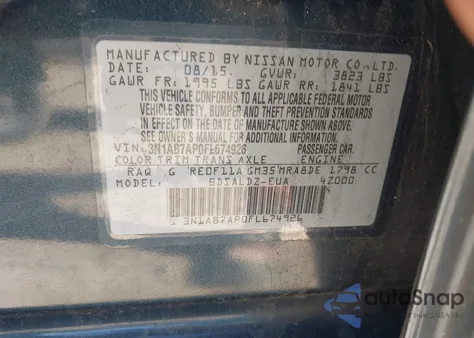 2015 Nissan Sentra Sv z USA, uszkodzony, nr VIN 3N1AB7AP0FL674926